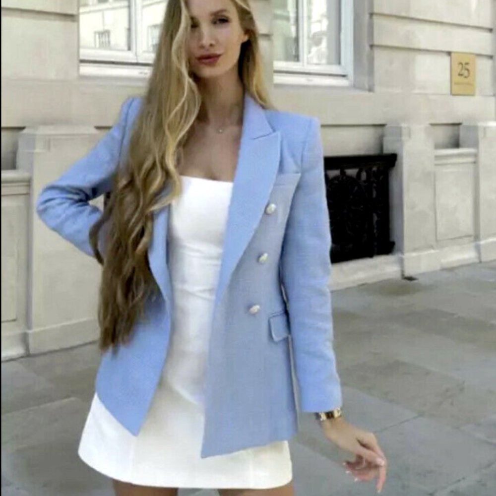 ZARA WOMEN NEW SKY BLUE Textured Weave Jacket Tweed Blazer 7822/480